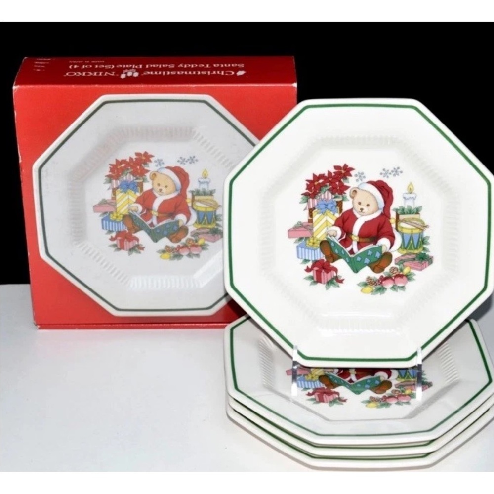 Nikko Ceramics Christmas Teddy Plates - White and Green